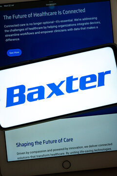 Baxter logo on smartphone with healthcare technology information