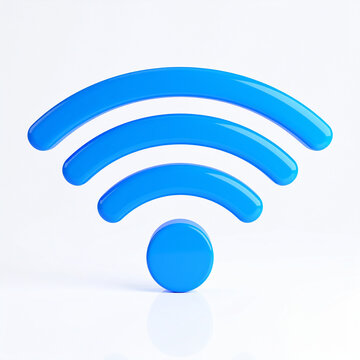 Modern blue Wi-Fi symbol isolated on white backdrop, glossy 3D rendering, minimalist technology concept representing wireless connection and communication. Close-up.