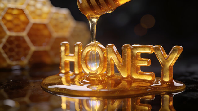 Golden Honey Drips Onto Honey Letters In A Sweet Still Life.