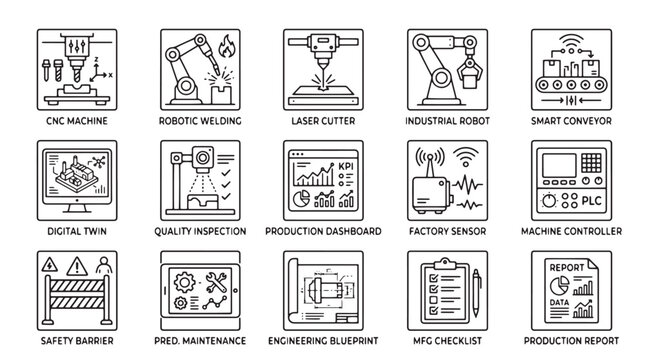 Industrial automation line icons set, smart factory manufacturing vector elements, 15 engineering and production technology symbols for industry 4.0