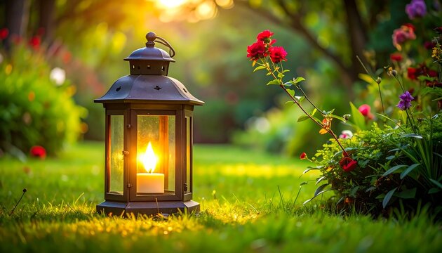 Golden lantern in garden with blooming flowers at dusk.