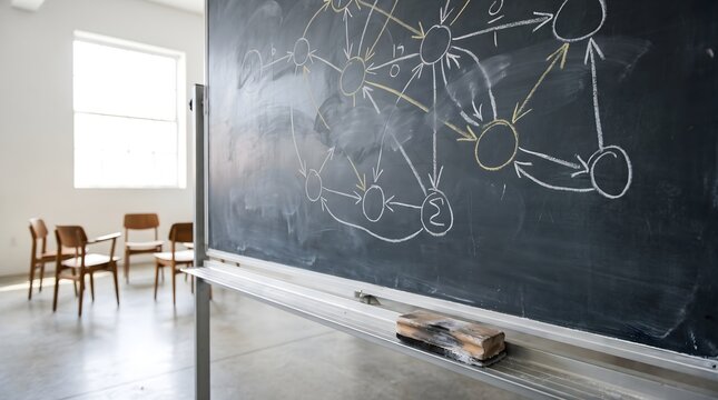 Complex mathematical equations and logic puzzle diagrams handwritten on vintage chalkboard