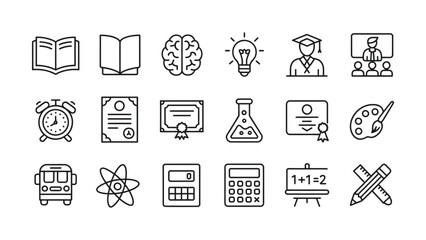 Fototapeta premium Education icons set featuring books brain lightbulb graduation certificate painting tools calculator math equations and school bus all neatly arranged