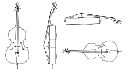 Fototapeta premium Double Bass Technical Drawing Blueprint with Front Side Back and Top Views CAD Line Art Vector Illustration