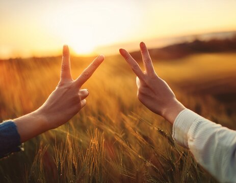 two hands making peace sign victory gesture outdoors in sunny park