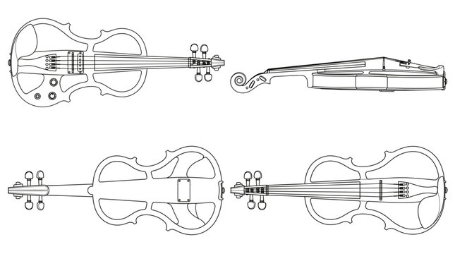 Electric Violin Technical Drawing Blueprint with Front Side Back and Top Views CAD Line Art Vector Illustration