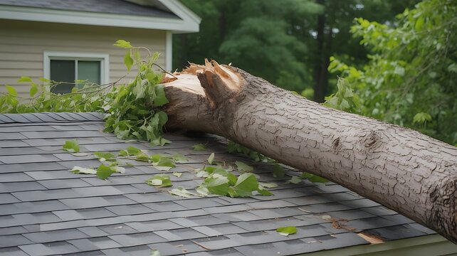 A large fallen tree trunk rests on a residential house roof after a storm, showing significant structural damage to the shingles and home exterior