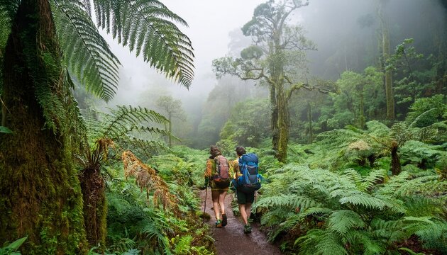 two hikers with backpacks trek through a lush green jungle filled with towering trees and giant ferns under misty conditions