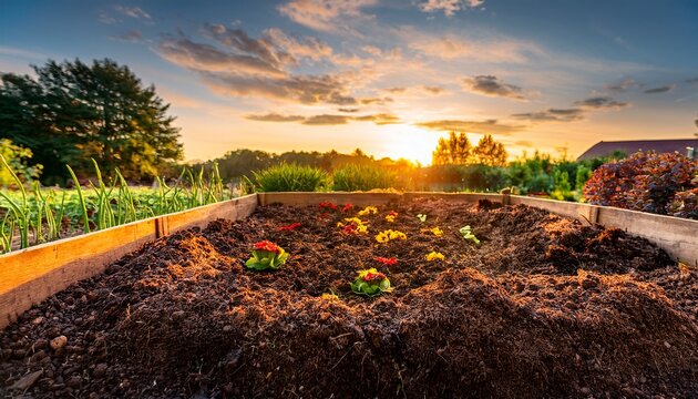 a vibrant view of a compost pile enriching garden soil during a peaceful sunrise