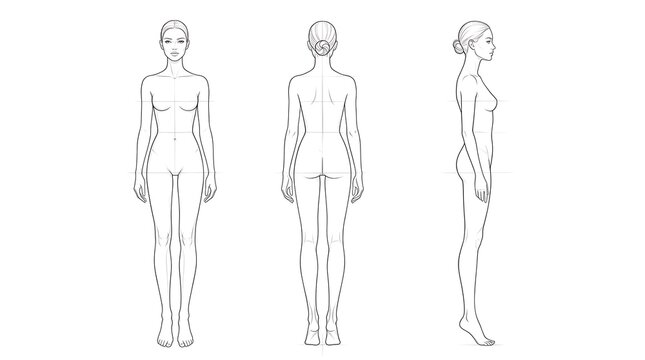 Professional female fashion croquis body template showing front, back, and side views for apparel design, garment sketching, and clothing proportion mapping on white background