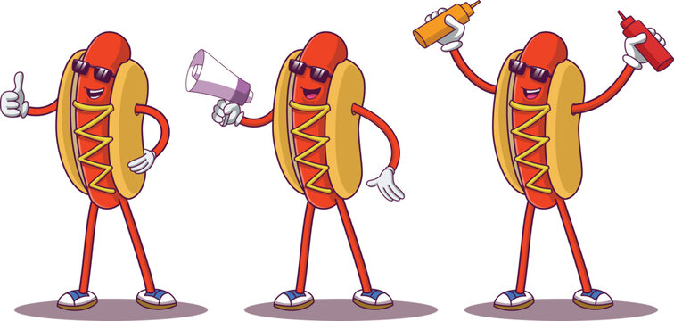 Happy Hot Dog Cartoon Mascot Character Set with Sunglasses Vector