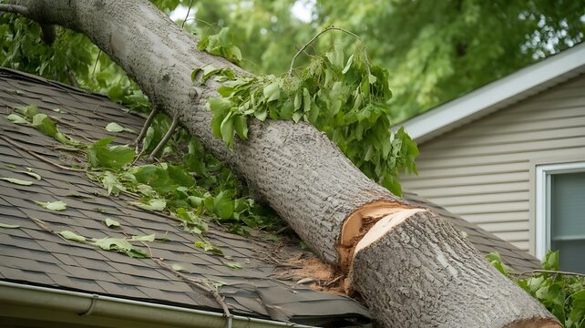 A large fallen tree trunk lies across the shingled roof of a residential house after a severe storm, causing significant damage to the structure