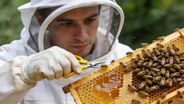 Beekeeper in protective suit tending to a beehive frame with bees.