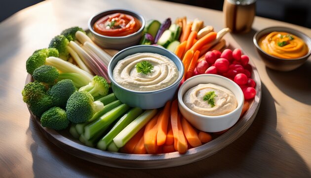 a wholesome raw vegetable platter with dips beautifully presented in soft daylight