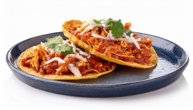 tostadas de tinga with shredded chicken chipotle sauce isolated on a white background