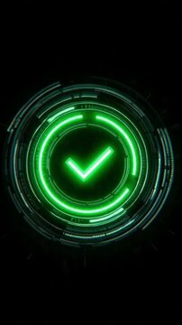 4K Alpha Channel Glitch Neon Success Icon HUD Green Checkmark Complete Alert Seamless Loop Transparent