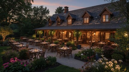 Fototapeta premium Charming countryside restaurant surrounded by blooming gardens, wooden terraces, and warm evening lighting