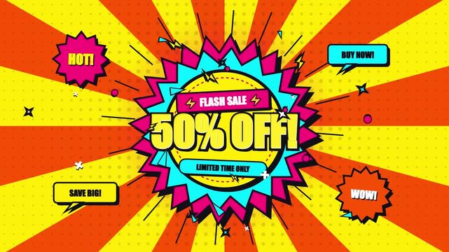 Flash sale 50 percent off retro comic style promotion animation background