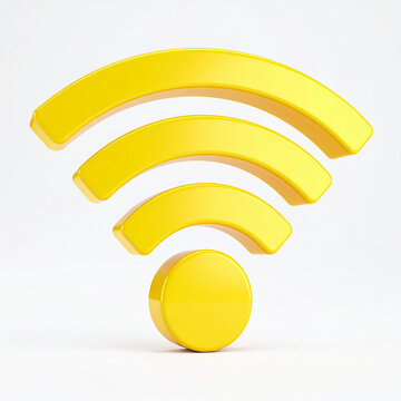 Modern yellow Wi-Fi symbol isolated on white backdrop, glossy 3D rendering, minimalist technology concept representing wireless connection and communication. Close-up.