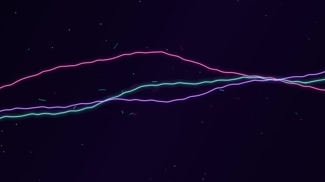Glowing neon wave lines moving across dark cosmic background