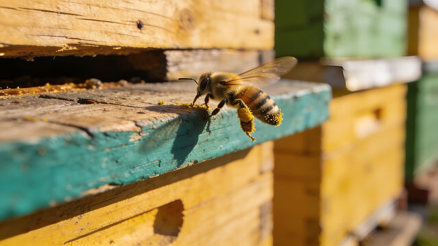 Honey bee on wooden beehive in apiary on sunny day.