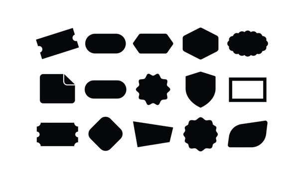 A collection of various decorative vintage labels and blank badge shapes presented in a bold and minimalist black and white graphic silhouette