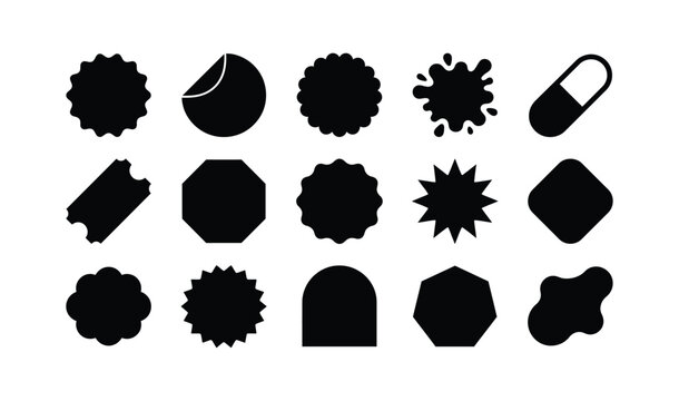 A collection of various blank sticker shapes and decorative label designs presented in a clean and minimalist black and white graphic silhouette