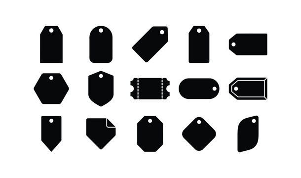 A collection of various blank price tags and gift labels presented in a clean and minimalist black and white graphic design silhouette