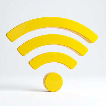 Modern yellow Wi-Fi symbol isolated on white backdrop, glossy 3D rendering, minimalist technology concept representing wireless connection and communication. Close-up.