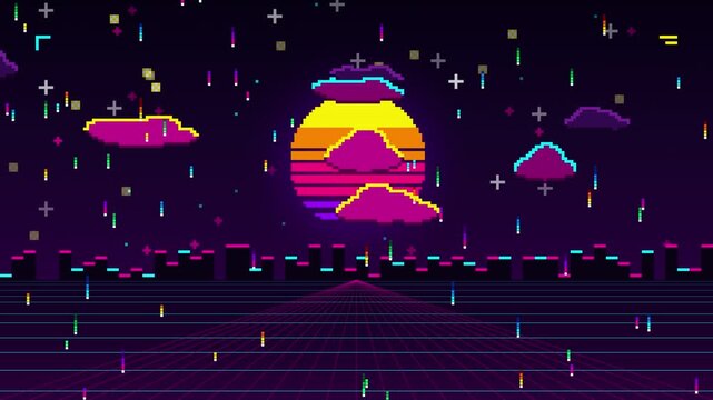 Retro Pixel Art Landscape Featuring a Vibrant Sunset Over a Digital City Skyline With Falling Colorful Particles and Clouds