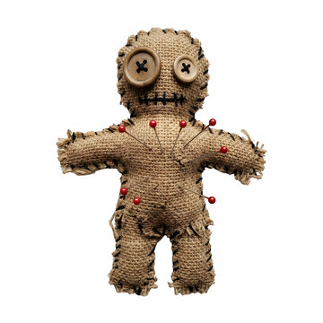 Burlap voodoo doll with button eyes and red pins piercing its body is centrally positioned against a stark white background.