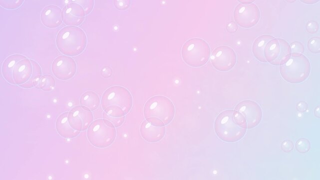 Floating soap bubbles rising on soft pastel pink and blue gradient background motion