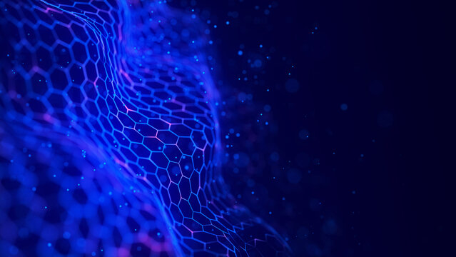 Blue hexagon wave on dark background with glowing particles and soft depth. Abstract digital honeycomb structure for technology, data network, cyber interface and futuristic design.