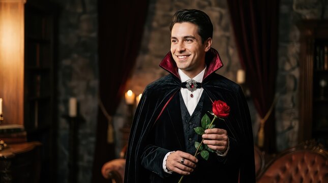 Handsome man in vampire costume holding a rose. Elegant male in gothic cape for Halloween.