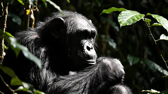 Chimpanzee sitting calmly in a dense tropical jungle. The primate looks around thoughtfully amidst green foliage and shadows. Concept of wildlife conservation, zoology, nature documentary.