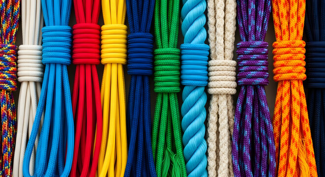 Row of various colorful ropes, cords, and utility lines neatly bundled together