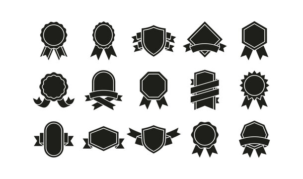 A collection of various vintage award badges and decorative heraldic shields presented in a bold and minimalist black and white graphic silhouette
