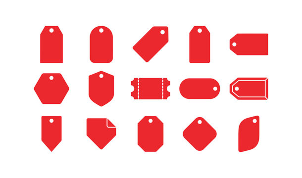 A collection of fifteen different red price tags featuring various geometric shapes and styles isolated on a clean white background for retail marketing