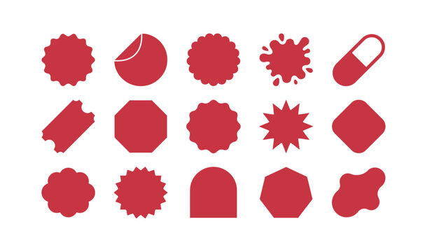 A collection of red sticker and badge shapes isolated on a white background featuring various geometric forms for sales and marketing promotions