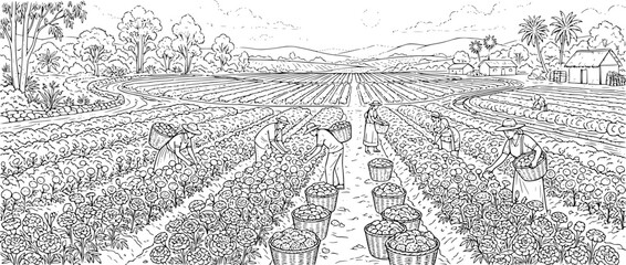 Fototapeta premium Farmers Harvesting Crops in a Rural Countryside Field Coloring Page