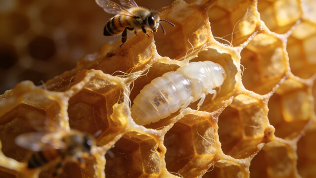 Close up of a bee larva inside a honeycomb cell with a bee flying above.