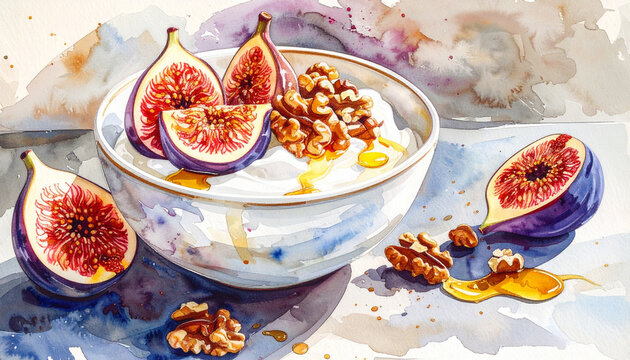 Watercolor yogurt bowl with fresh figs, walnuts and golden honey