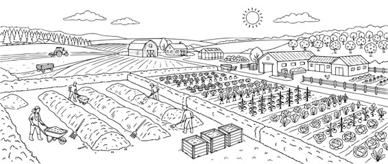 Fototapeta premium Organic Farming Community Garden Line Art Illustration