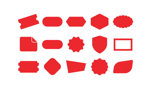 A collection of fifteen different red sticker shapes and blank labels isolated on a white background for business sales and marketing promotions