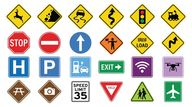 Road signs and traffic symbols flat vector illustration on white background