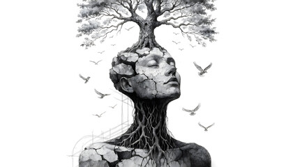 Fototapeta premium Pencil sketch illustration of a stone human head with an oak tree growing out. Inner peace and mental wellness concept. Serene cracked face meditating with birds flying around tree roots