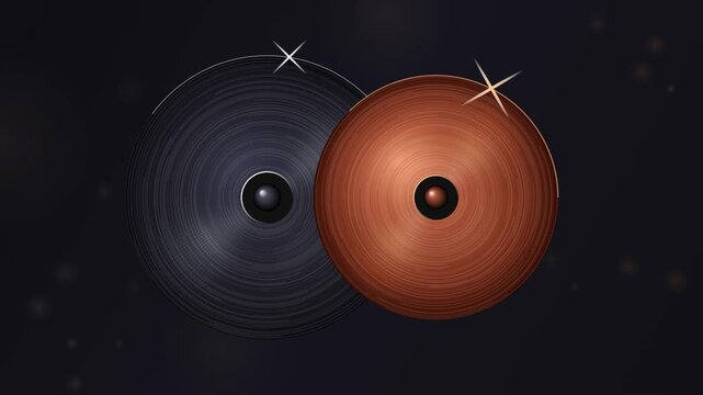 Two rotating metallic vinyl records spinning against a dark gradient background