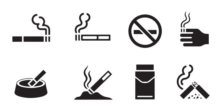Set of black smoking icons featuring cigarette pack ashtray and no smoking symbol on gray background.
