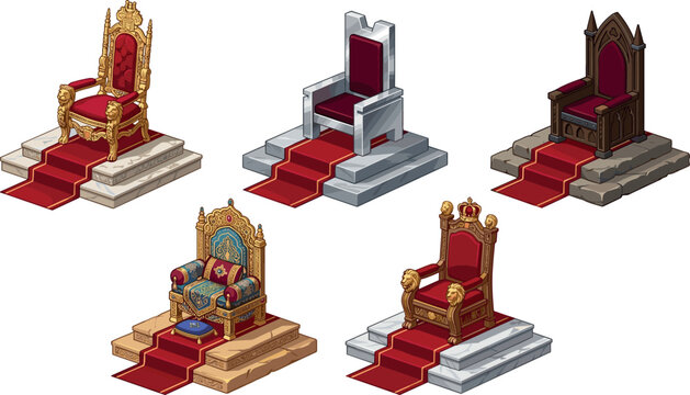 Isometric Fantasy Game Throne Asset Vector Set with Golden Stone and Gothic Chairs on Stone Podiums with Red Carpets for UI Design