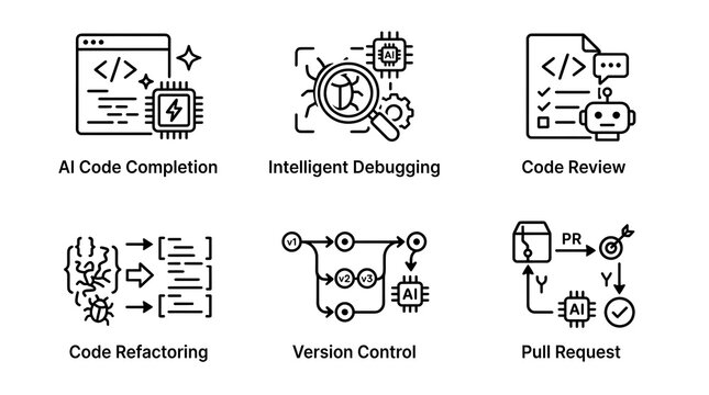 AI Software Development and Coding Process Line Icons Set